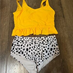 Yellow Ruffle Tank Top and Black & White Polka Dot Shorts Set